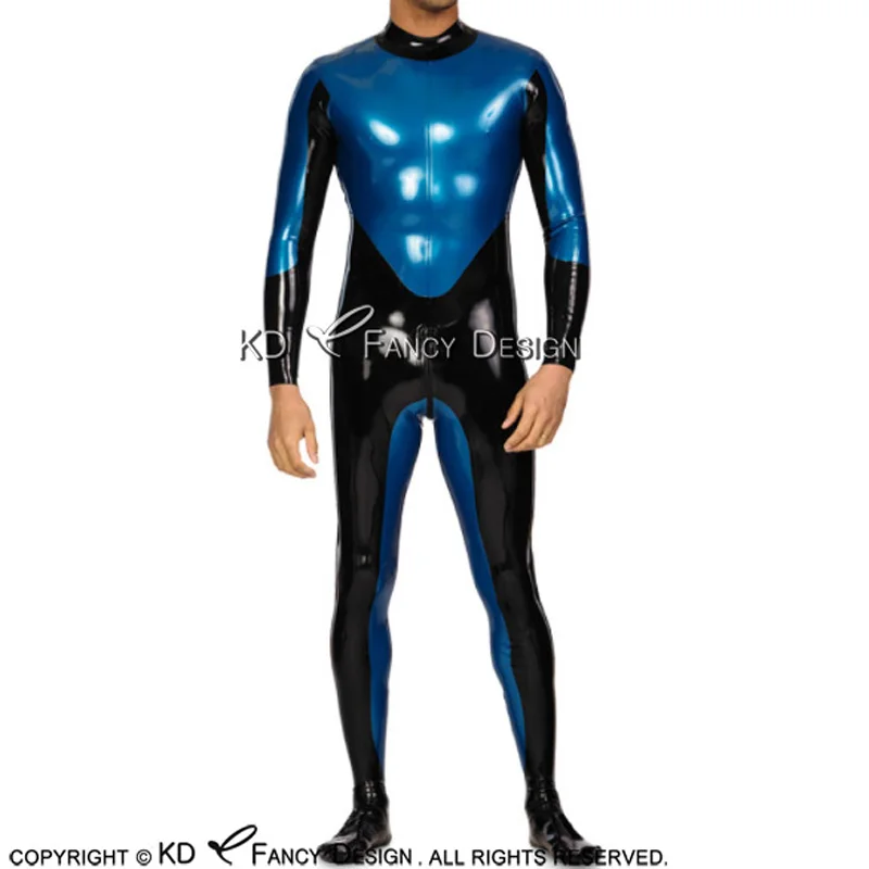 Black And Blue Captain Sexy Latex Catsuit With Back To Crotch Zipper Rubber Bodysuit Zentai Overall LTY-0179