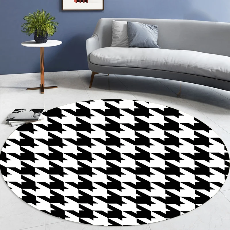 Black And White Carpet Living Room Houndstooth Pattern Round Area Rug Bedroom Bedside Chair 3D Floor Mats Simple Room Decoration