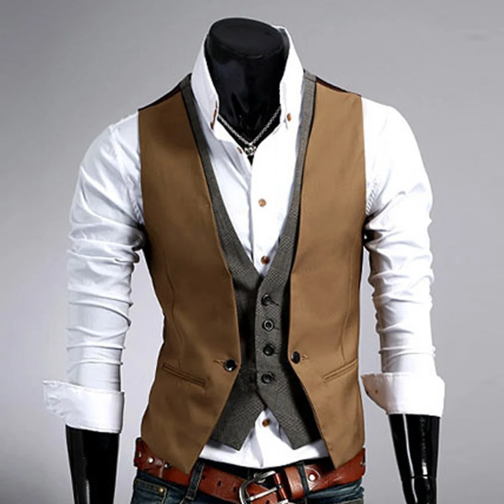 Men Formal Waistcoat Vest Business Solid Color Single Button Vest gilet Fake Two-pieces V Neck Casual S-lim chalecos para hombre