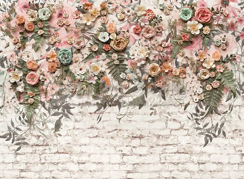 Pink Bloom Flower Leaves 3D Floral White Brick Wall photography backgrounds High quality Computer print wedding backdrops