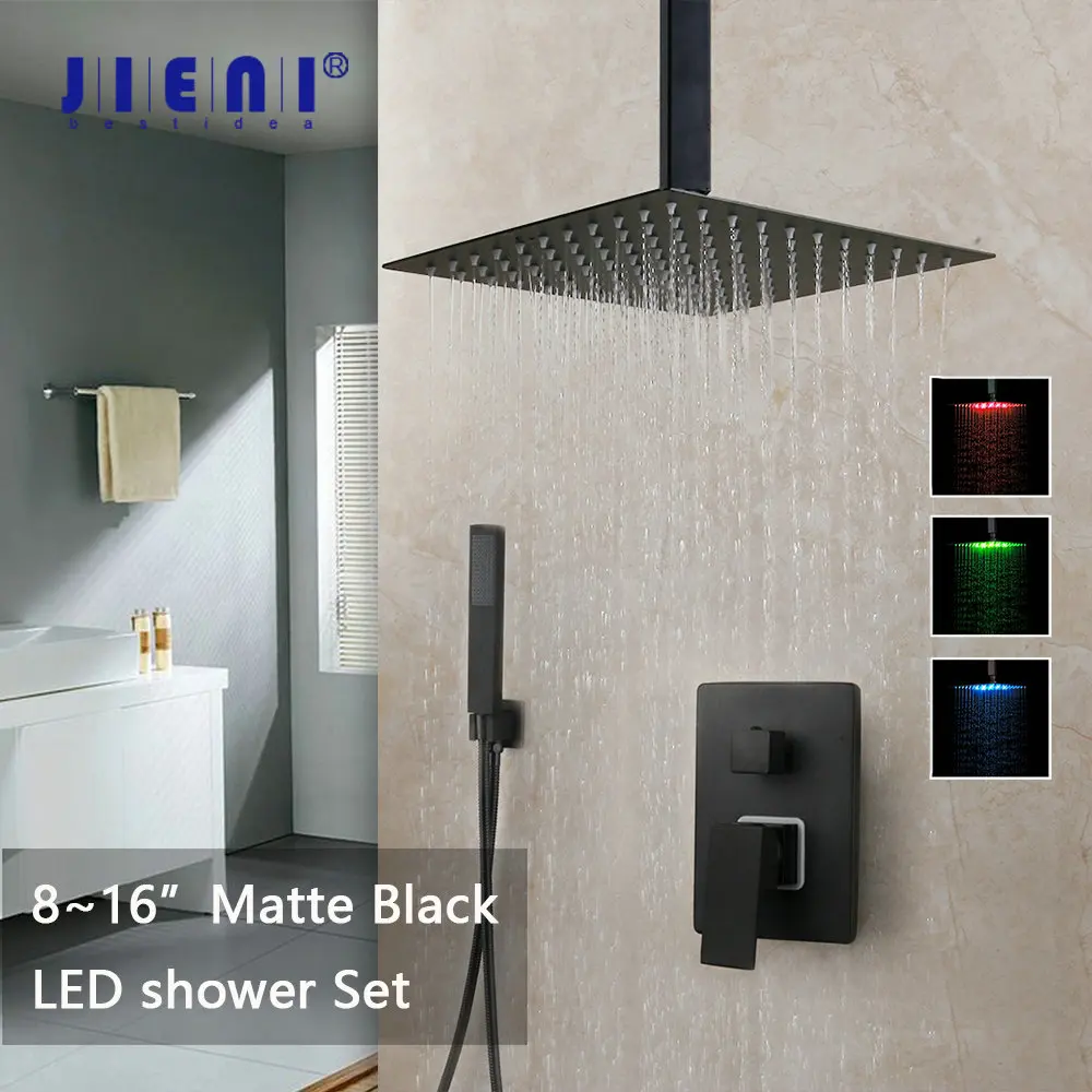 JIENI 8 12 16 Inch Black Bathroom Shower Faucet Set Ceiling Mount Black LED Shower Head Mixer Tap W/ Rainfall Shower Faucets Set