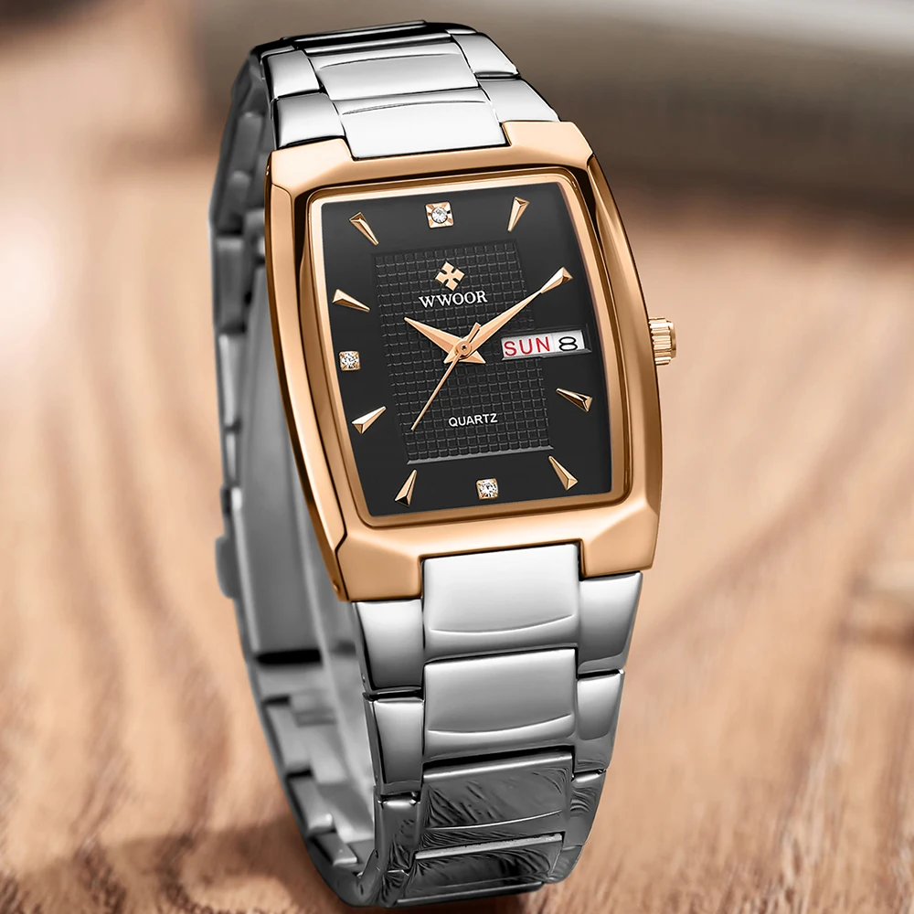 Luxury Men Watch WWOOR Business Watches For Men Stainless Steel Waterproof Quartz Wristwatch Square Male Clock Relogio Masculino