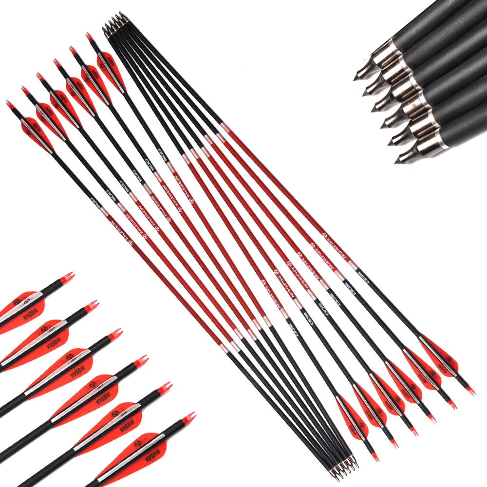 12/24pcs Carbon Arrows 30 Inches Spine 500 OD 7.8mm with 2 Red 1 White Feathers Replaceable For Hunting