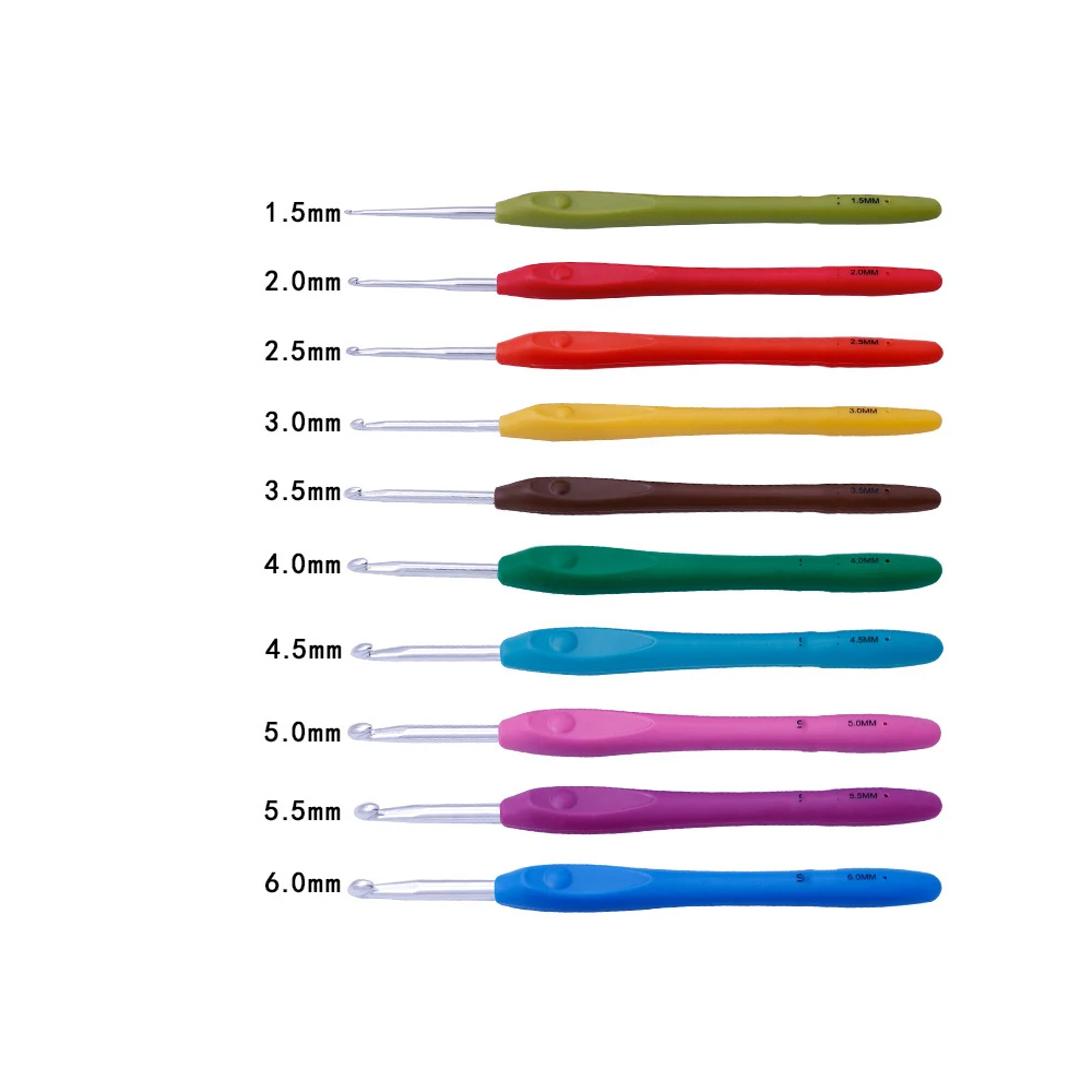 10PCS 1.5-6.0mm Crochet Hook Aluminum Ergonomic Crochet Needles with Colorful Soft Rubber Grip Cushioned Handles Needles