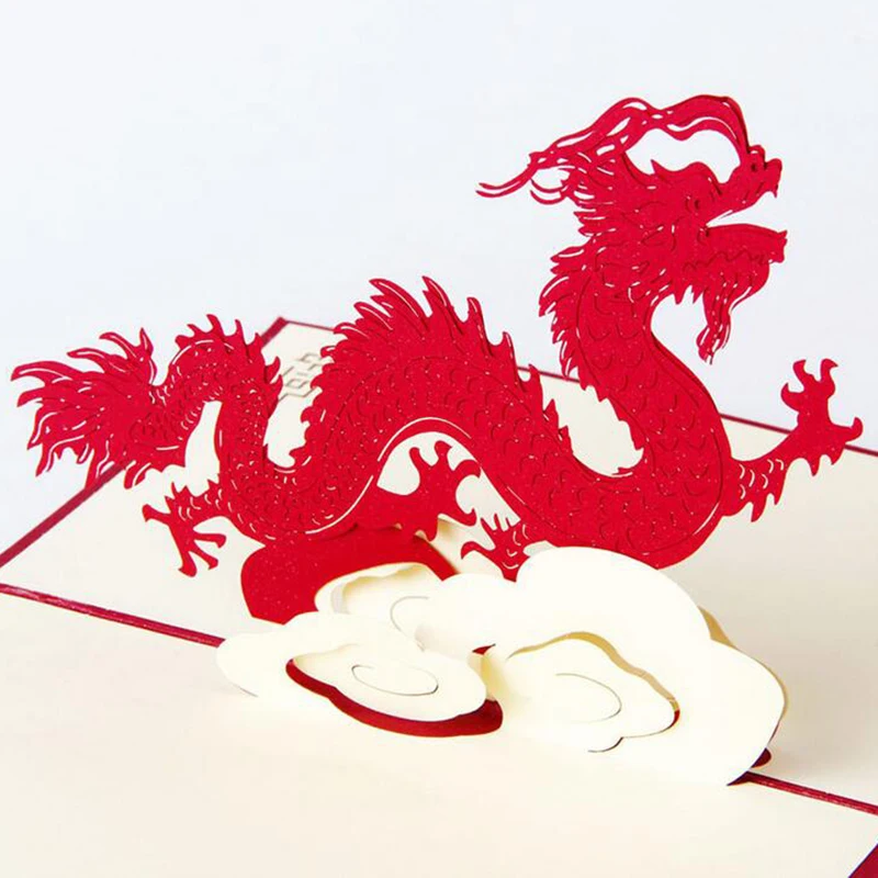 Chinese New Year Red Dragon 3D Pop Up Greeting Card Laser Cut Postcard Hollow Carved Handmade Kirigami Gifts Cards With Envelope