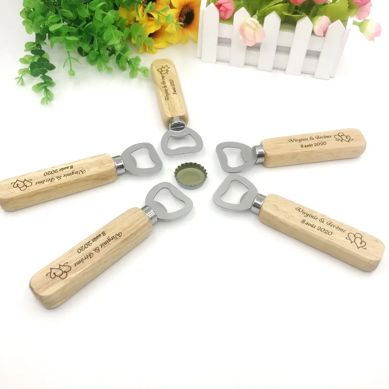 120PCS Solid Stainless Steel Top Opener with Custom Printing Wood Handle Personalized Wedding Gift Party Giveaways Drop Shipping