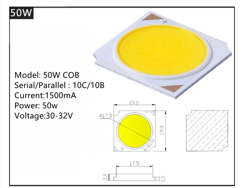 Chips LED abatibles de 10W, 20W, 30W, 40W, 50W, 3000k, 1919 SMD, diodo COB, cuentas de luz para foco de techo, 10 piezas