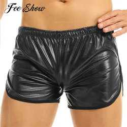 Men's Shiny Faux Leather Hot Boxer Short Pants with a Back Pocket Fashion Black Elastic Waistband Wetlook Stretchy Shorts