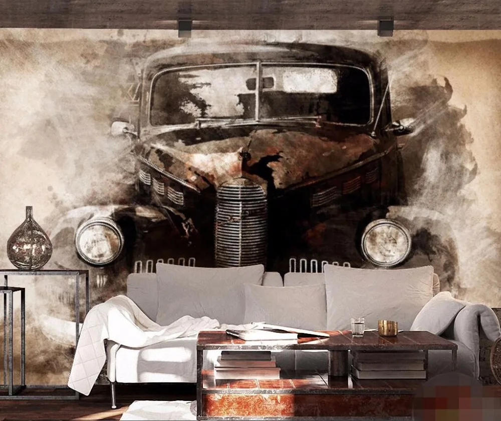 

Bacal wallpaper wall murals wall stickers 3D ink European style nostalgic retro tattered black car classic car backdrop wall