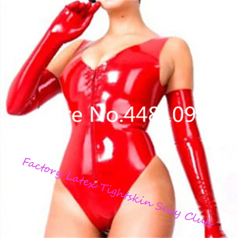 

Red Sexy Latex Women Thong Bodysuits Rubber Leotard with Long Gloves Front Zipper exotic lingerie micro bikini extreme