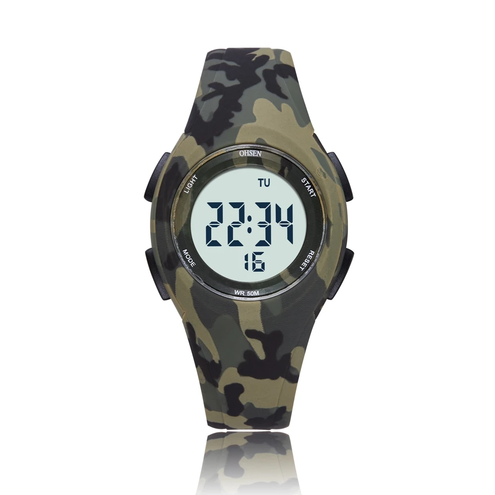 OHSEN-Montres numériques pour enfants, montre-bracelet LED étanche, chronomètre électronique, vert armée, extérieur, sport, alarme, garçons