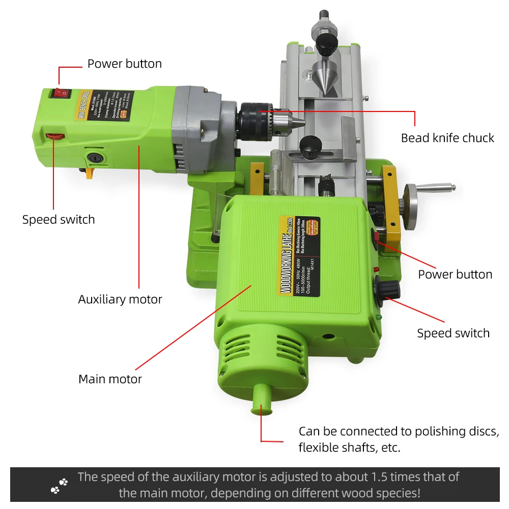 ALLSOME BG-3309 Mini Wood Lathe Machine Variable-Speed Benchtop Woodworking Lathe Rotary Tool Buddha Pearl Grinding Polishing DI