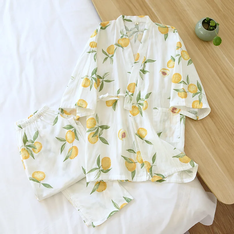 Autumn Women Cotton Pajamas Seven-sleeve Gauze Kimono Sleepwear V-Neck Yellow Peach Print Pijamas Two Piece Set Home Sleep Wear