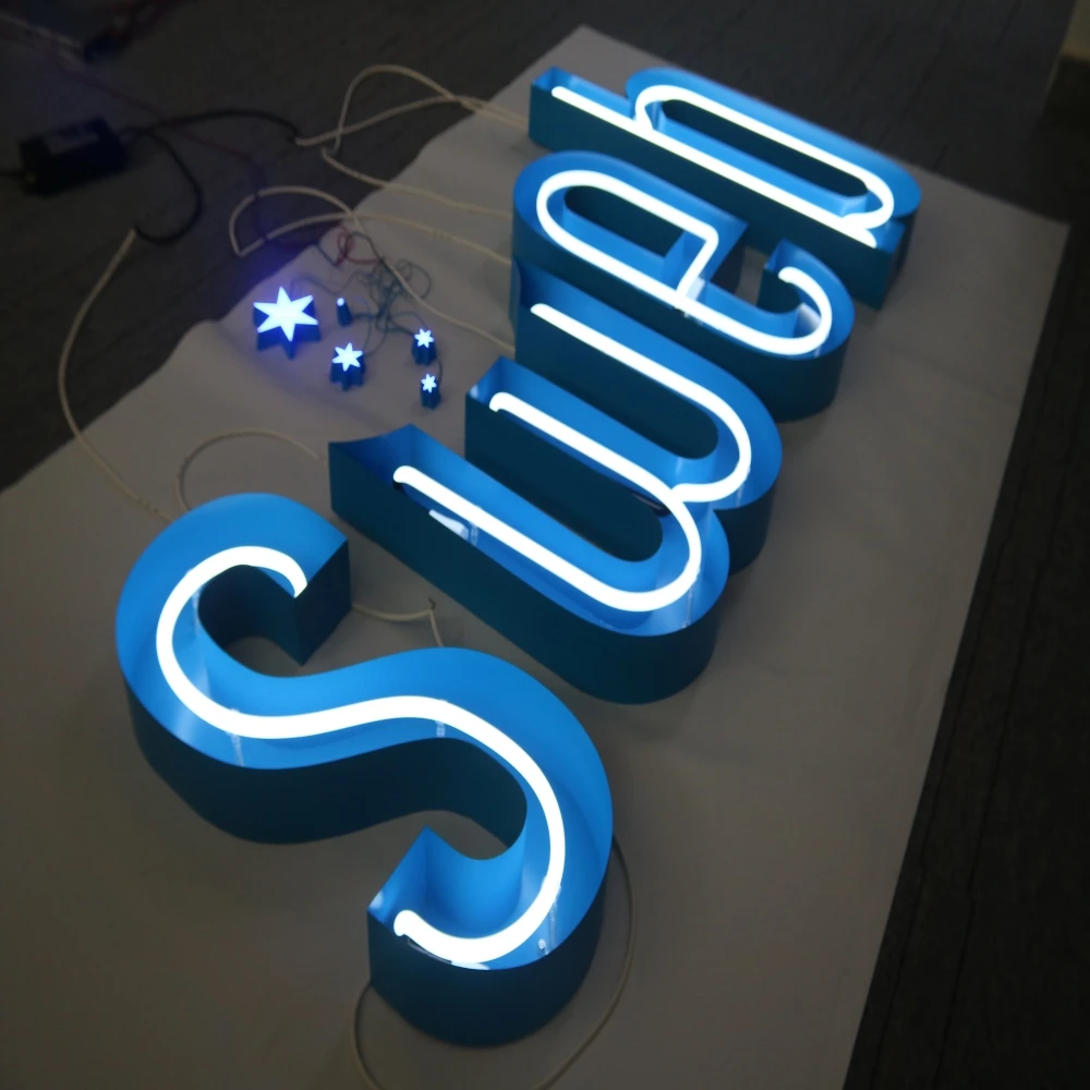 retro channel letter with neon light mounted on the wall for commercial advertising signs