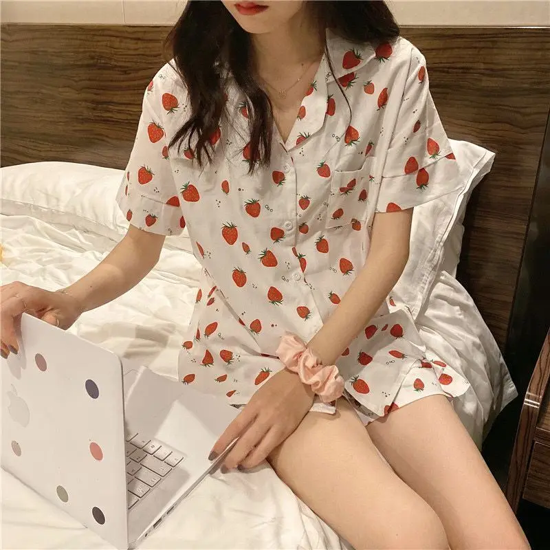 Pajama Sets Women Summer Lovely Strawberry-print Sweet Teens Korean Style Leisure Fashion Design Mujer Soft Simple Sleepwear Ins