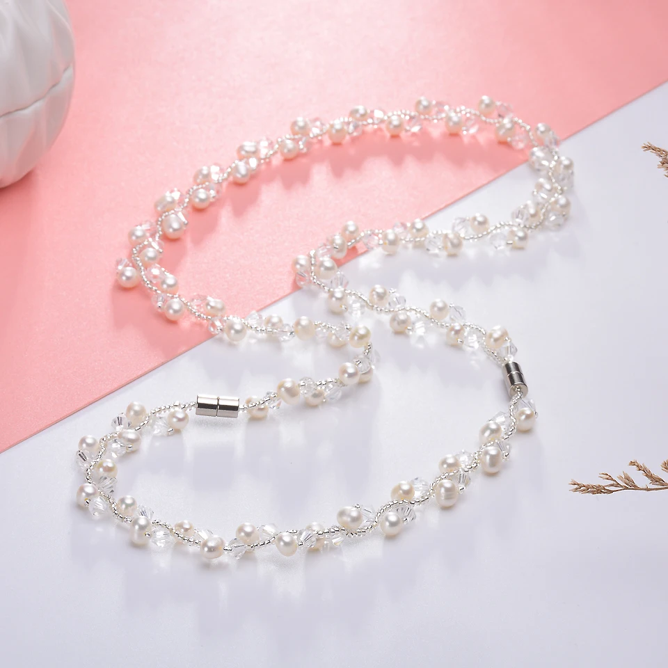 Zorun Genuine Natural Freshwater Pearl Party Fashion Jewelry Sets 4-5mm with Magnetic Clasp  Necklace and Bracelet  for  Women