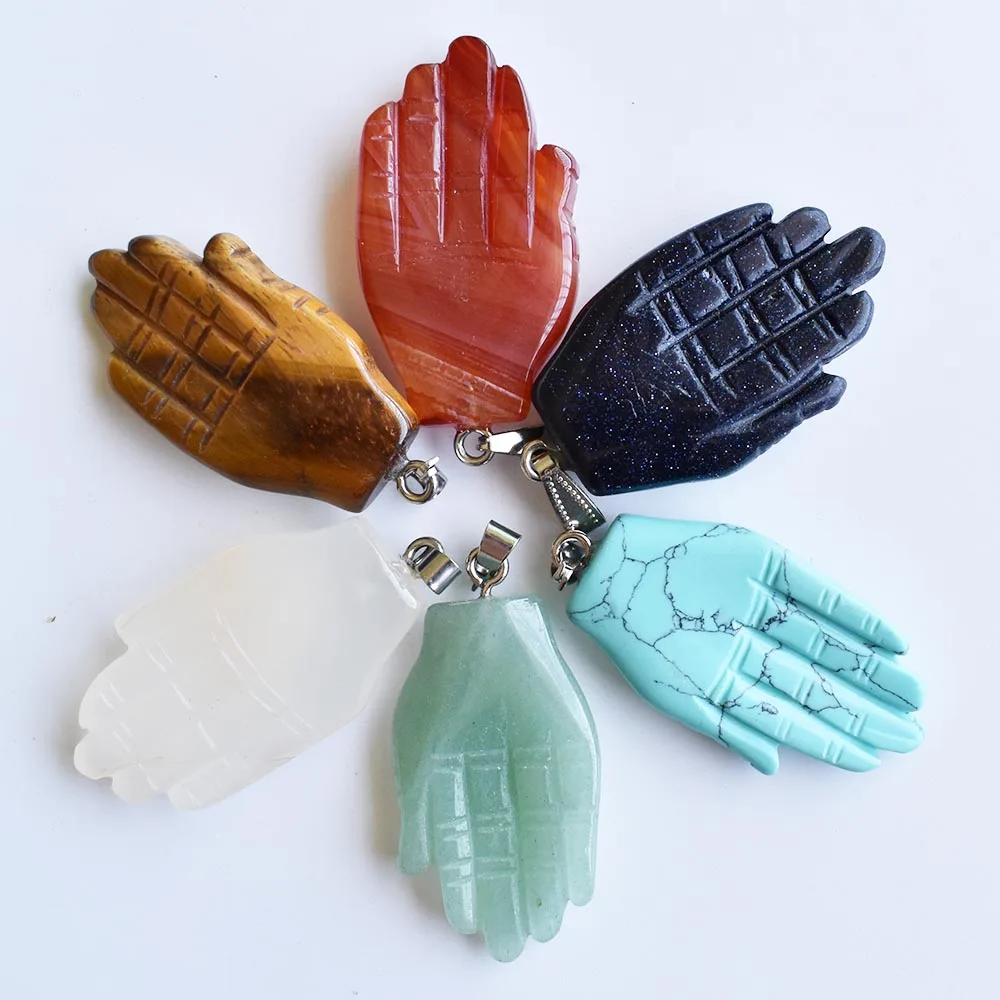 

2020 New arrival Fashion carved mixed assorted natural Stone palm shape charms pendants fit jewelry making 6pcs Wholesale free