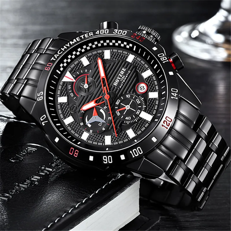 BOYZHE Casual Leather Strap Men\'s Automatic Mecanical Watch Multifunction Display Waterproof Sport Watches reloj hombre