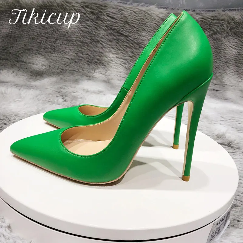 Tikicup Solid Green Women Pointy Toe High Heels 8/10/12cm Fashion Slip On Stilettos Ladies Formal Dress Shoes Customize Pumps