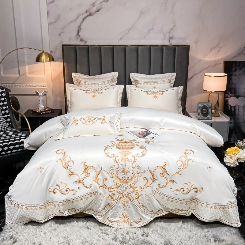 Luxury Royal Gold Embroidery Washed Satin Cotton Pearl White Bedding Set Duvet Cover Flat/Fitted Sheet Pillowcases Home Textiles