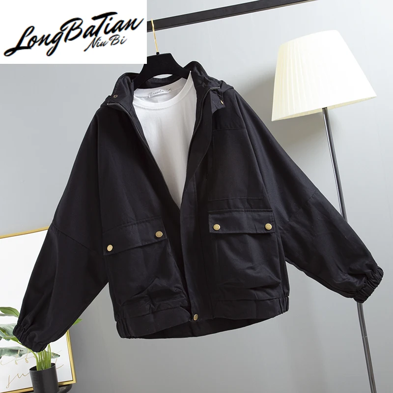 

Spring Women Bomber Long Sleeve Ladies Student Jacket Autumn Basic Coat Loose Hooded Windbreaker Plus Size Female Outwear