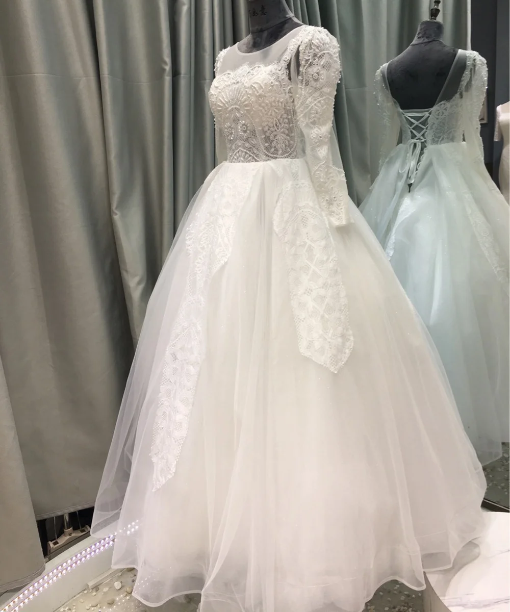 11639 # o-collo manica lunga Tulle lunghezza del pavimento pizzo Applique perline abito da ballo aperto indietro abito da sposa abito da sposa abito da sposa