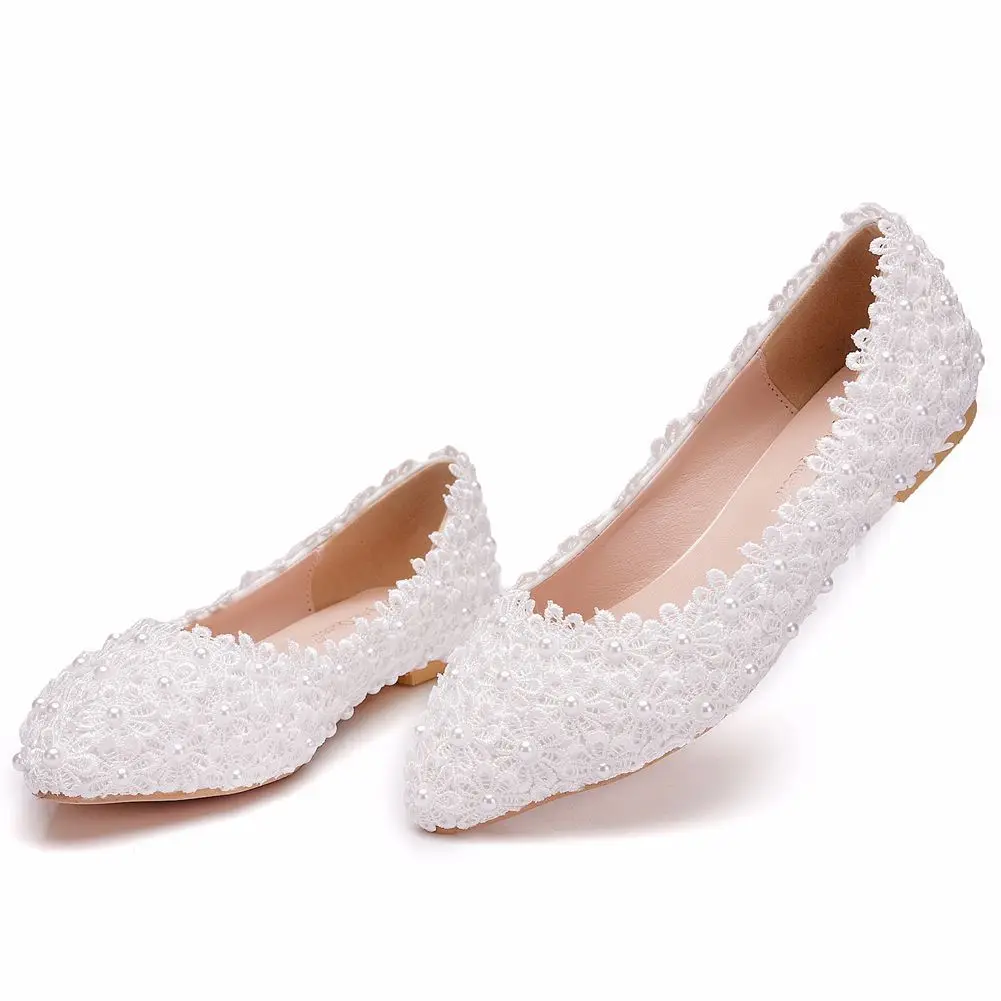 Sexy Women Flats Ballet Shoes Cut Out LeatherWhite lace and pearl flat wedding shoes Women Boat Shoes Ballerina Ladies Casual