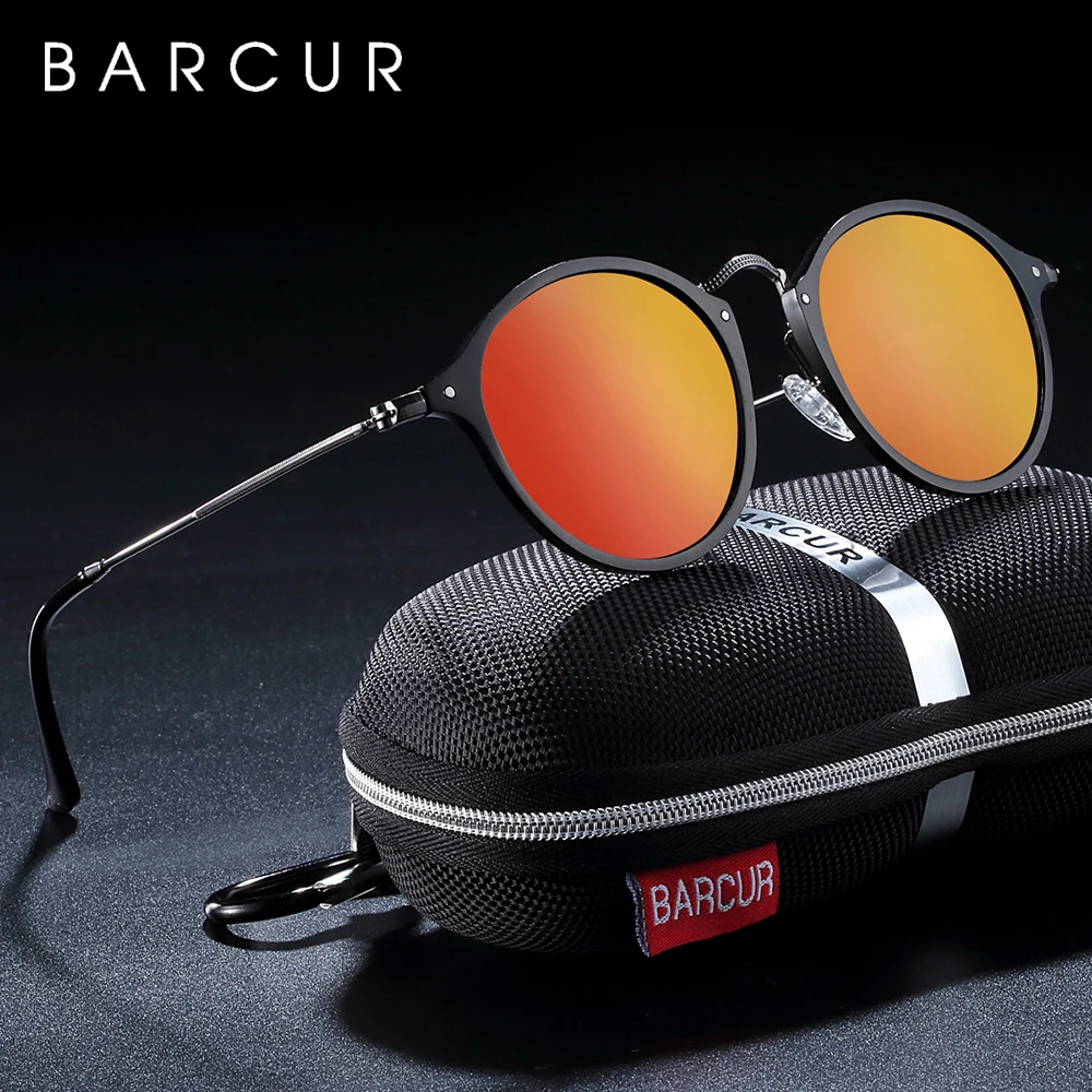 BARCUR New Vintage Sunglasses Round Aluminum Magnesium Male Sun glasses Female Retro Polarized oculos de sol