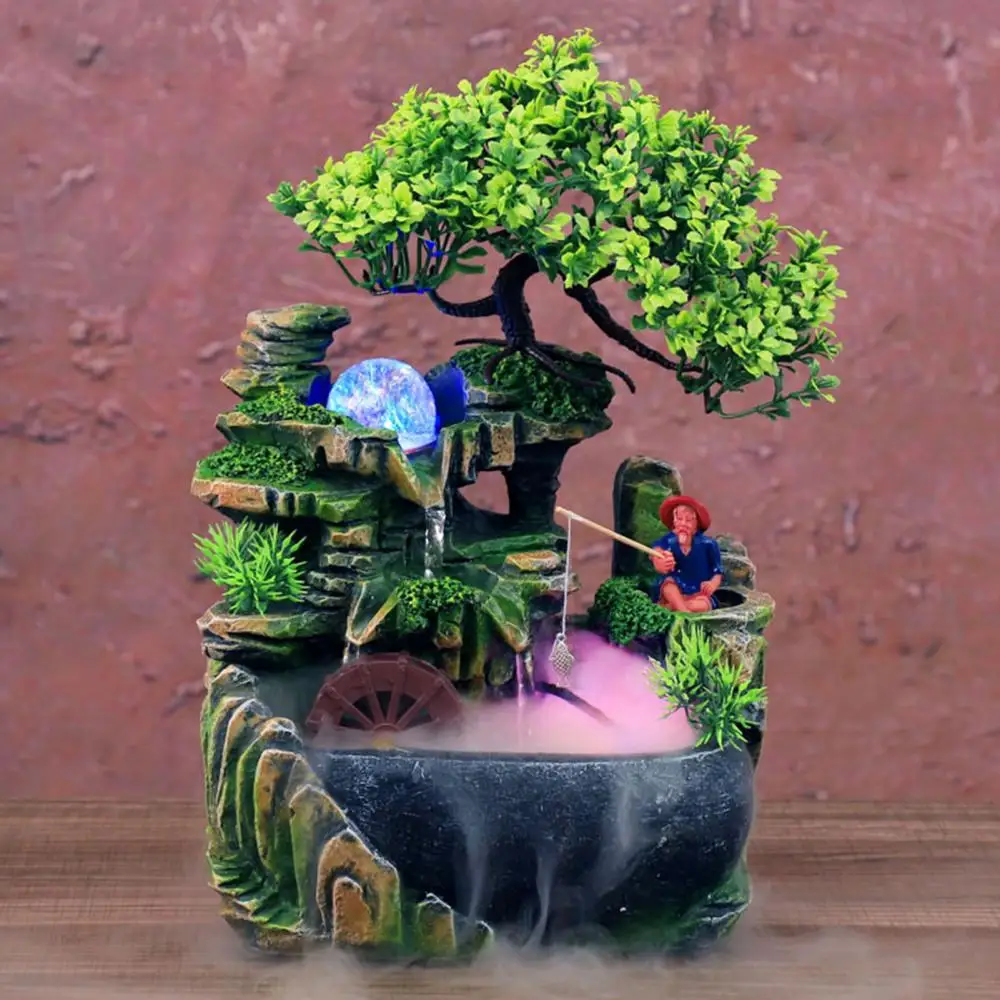 Fake Tree Fountain with LED Lights  Simulation Resin Rockery Ornaments Feng Shui Waterfall Humidifier Office Bonsai Decoration