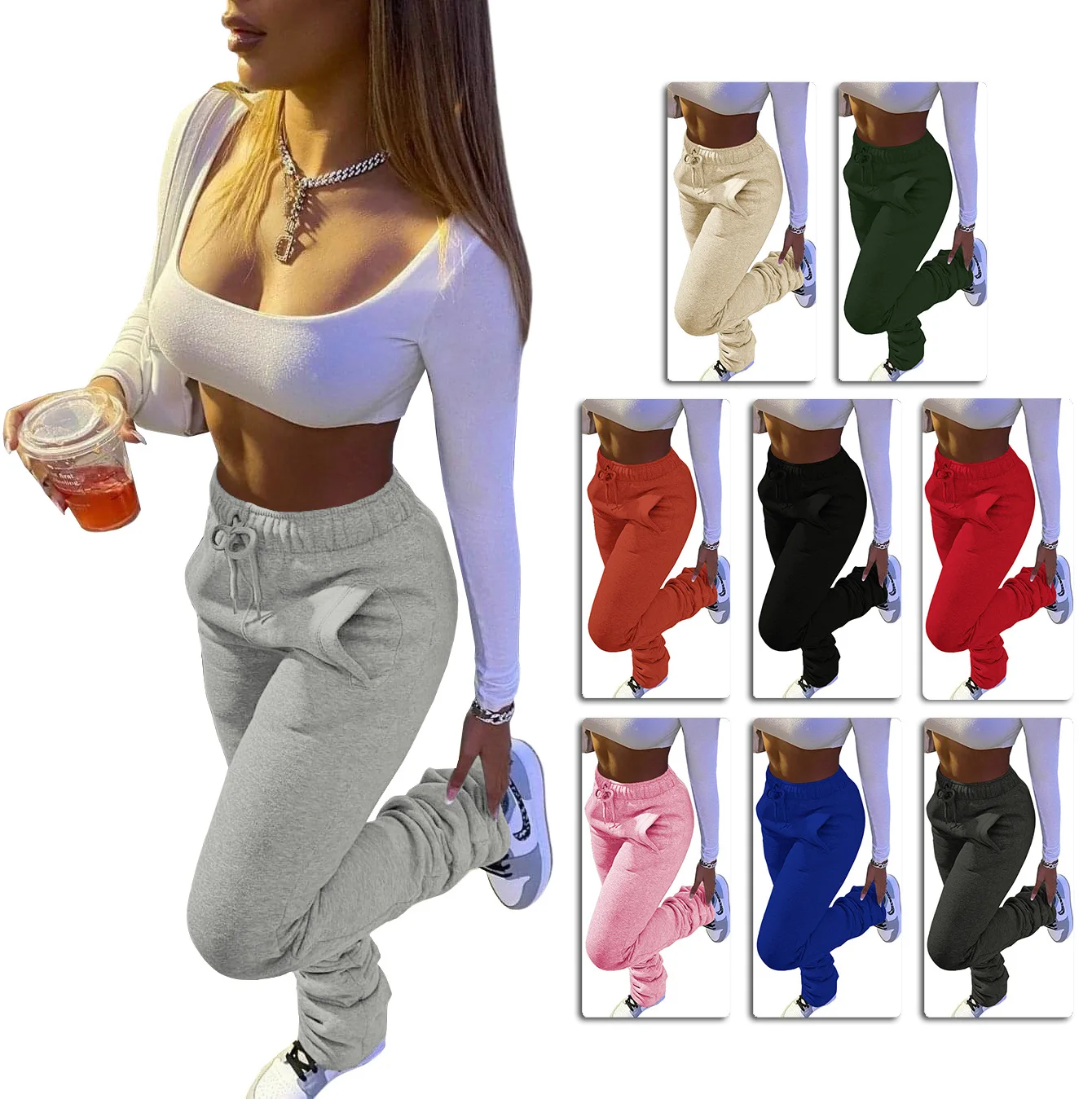 

Stacked Sweatpants Women Multi-color Jogger Thicken Fleece Drawstring Sweatpants Reched Bell Bottom High Waisted Pants