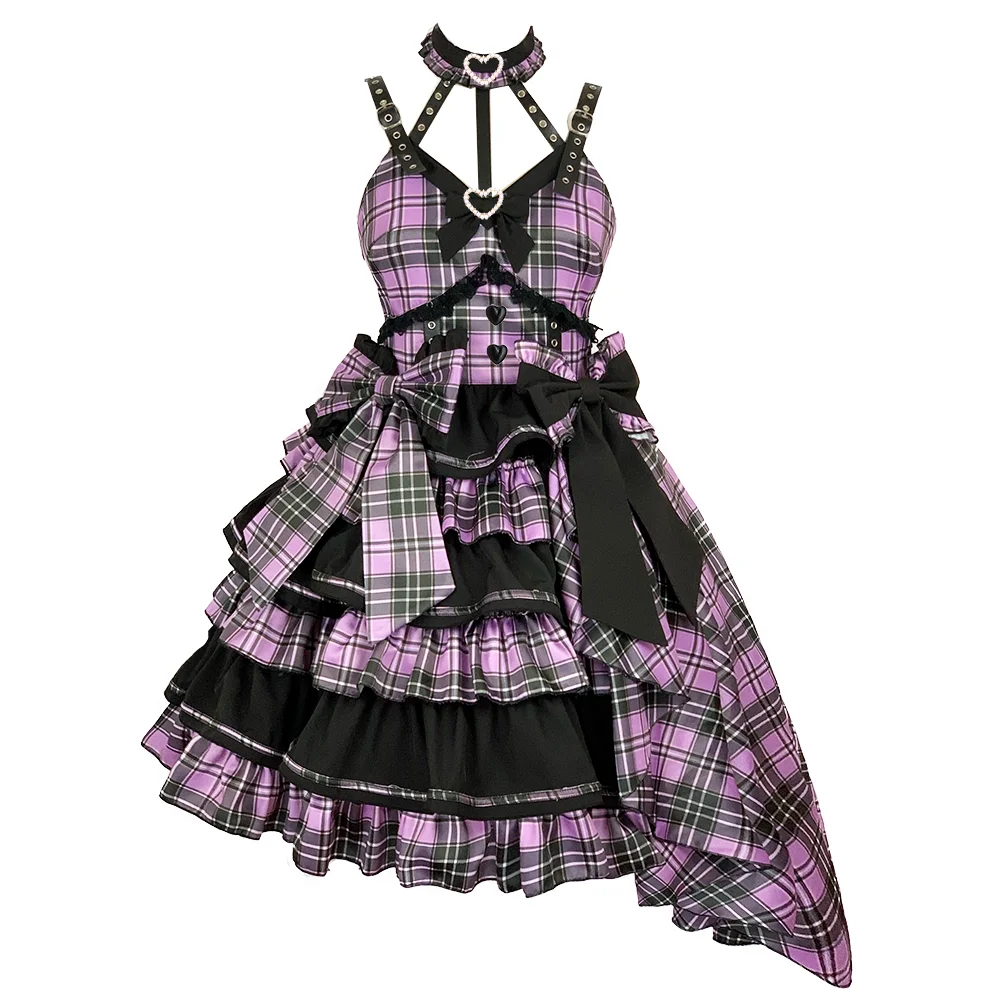 Robe lolita idol jsk à carreaux, tenue d'été japonaise, col licou, sans manches, Kawaii, douce robe de bal, nouvelle collection