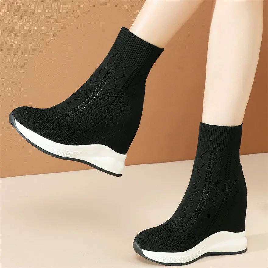 

Women Knitting Wedges High Heel Platform Pumps Shoes Female Round Toe Fashion Sneakers High Top Trainers Breathable Casual Shoes