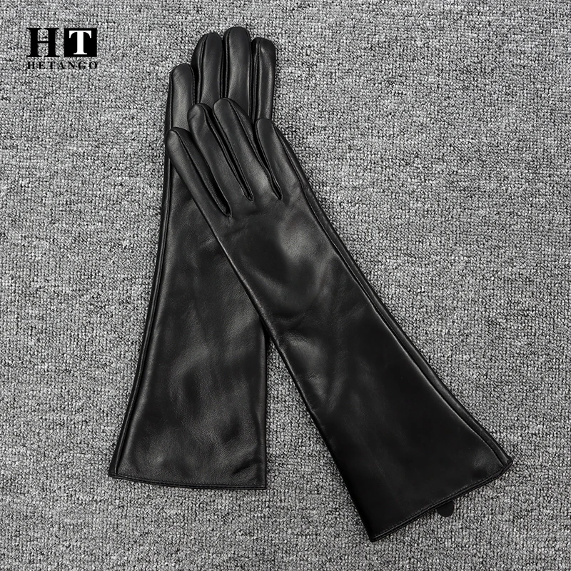 Winter Women Fashion Sheepskin Arm Sleeve Outdoor Warmth Fluff Lining Genuine Leather Mittens Female Long Style Elbow Gloves