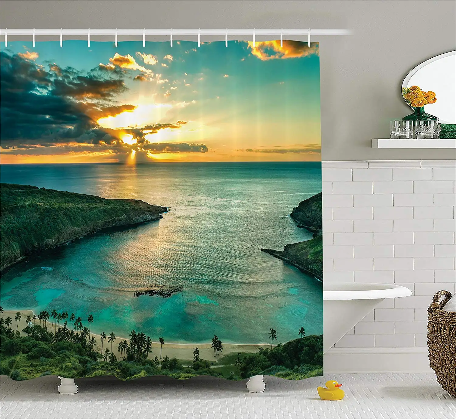 Ocean Shower Curtain Hawaiian Decor Sunrise Over Hanauma Bay On Oahu Hawaii Sunbeams Through Dark Clouds Shore Bath Accessories