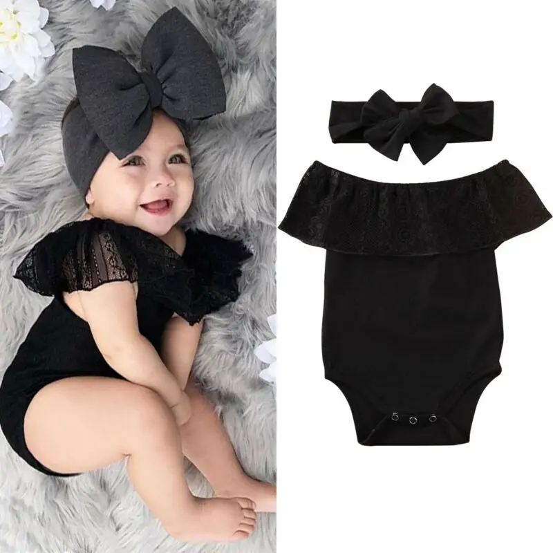 

Pudcoco Newborn Baby Girl Clothes Off shoulder Romper Headband 2PCS Outfit Black Lace Romper Jumpsuit