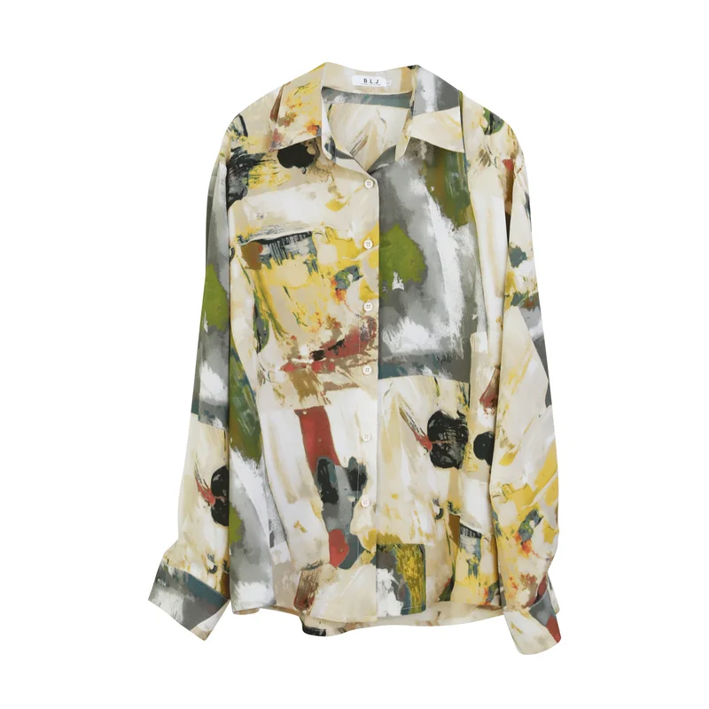 CHEERART Vintage Painting Women Top And Blousue Long Sleeve Button Up Aesthetic Shirt Loose Print Designer Top Autumn Clothes