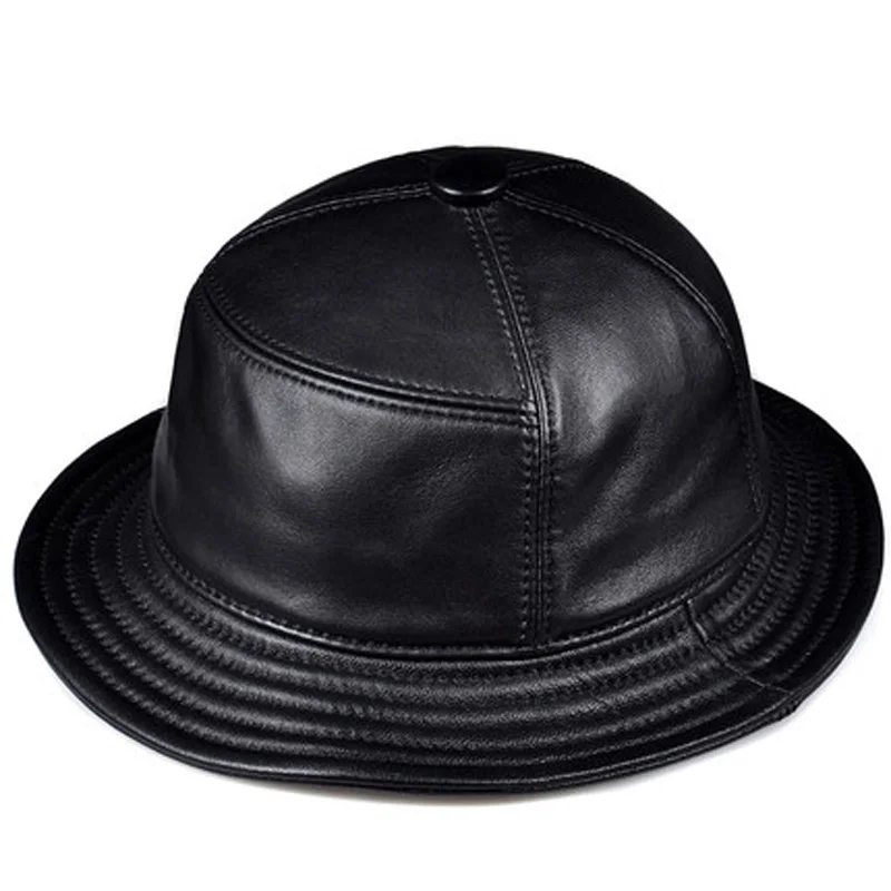 Korean Fashion ACC Unisex Genuine Leather Bucket Hats Men Women Casual Fishing Caps Male Fitted Black Basin Cap Sombrero Mujer