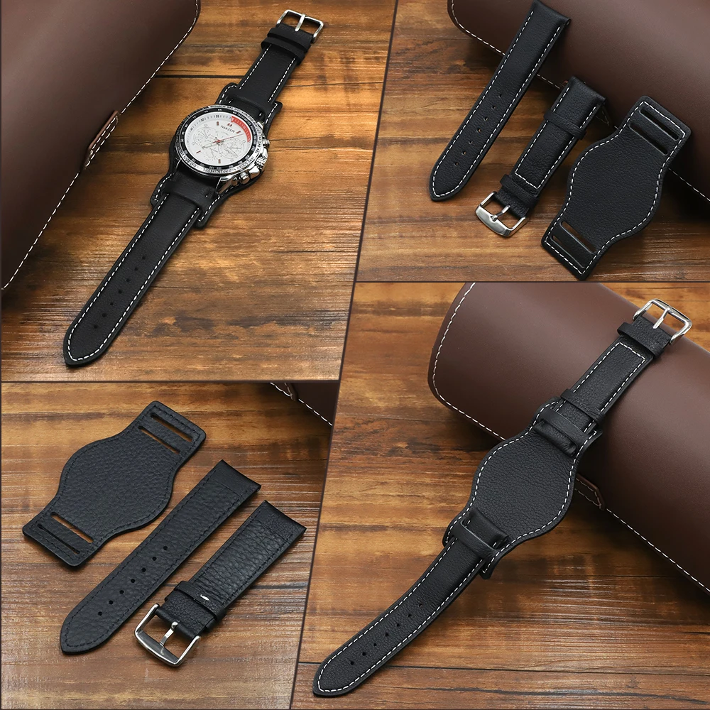 18mm 19mm 20mm 22mm 24mm Genuine Leather Watch Strap Bund Watchband With Mat Black Brown Coffee Leather Bracelet Wristwatch Band