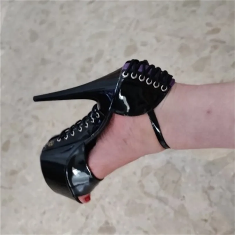 Sexy Peep-Toe-Stiletto-Absätze mit gekreuzten Riemensohlen, 15 cm hohe Pole-Dance-Performance-Sommersandalen