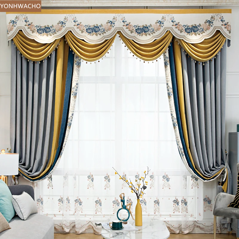 

Custom curtain living room luxury American retro palace thick chenille grey cloth blackout curtain valance tulle panel C535