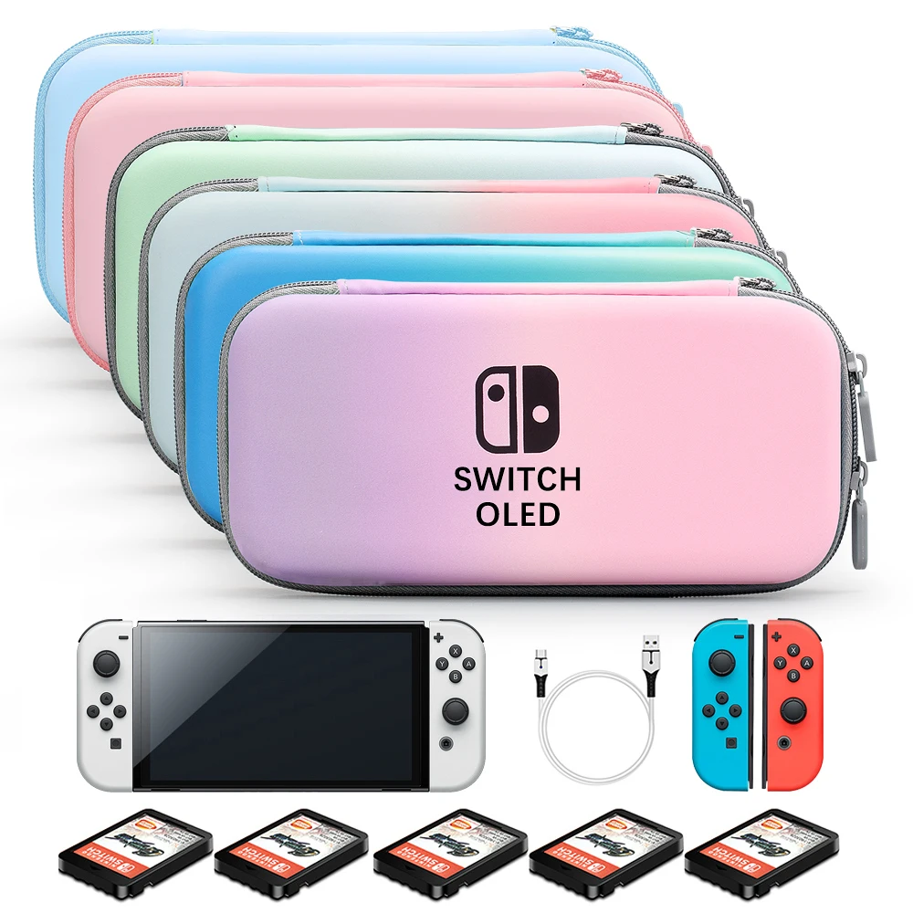 Bolsa de almacenamiento OLED para Nintendo Switch, película protectora de vidrio templado 9H, funda para tarjeta de juego, carcasa dura de cristal para PC, tapas de agarre para pulgar