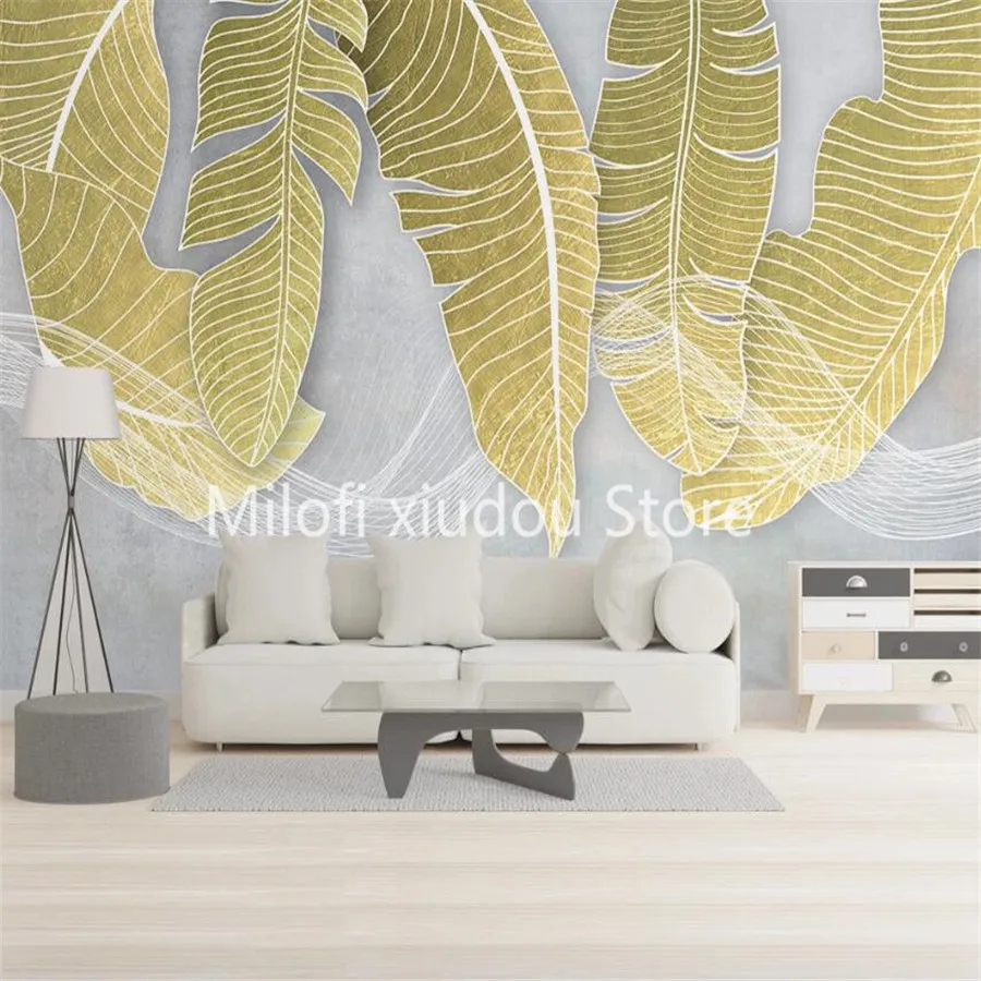 Customized 3D Mural Wallpaper Nordic Simple Golden Three-dimensional Tropical Leaf Line Living Room Bedroom Decoration Luxury Wa