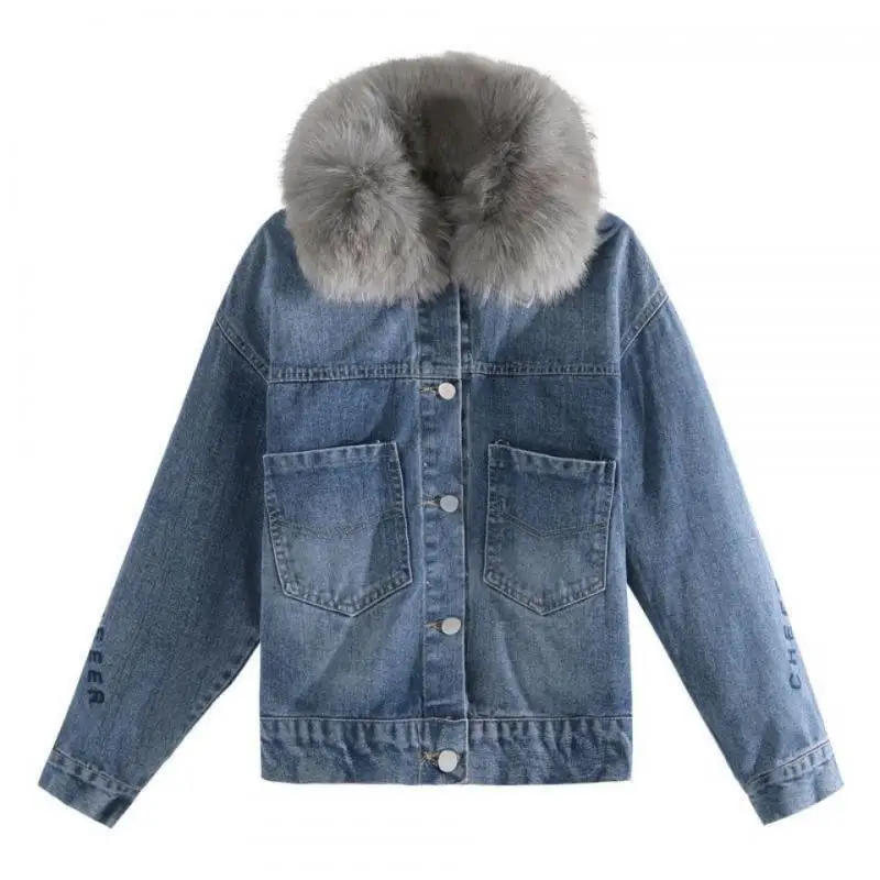 Commute Winter Fur Collar Plus Velvet Cowboy Women Short Jacket Embroidered Letters Harajuku Solid Blue Lady Coat Korean Female