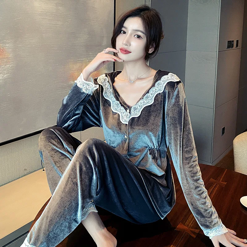 Women V-Neck Pajamas Set Autumn Velvet Shirt&Pants Long Sleeve Nightwear Lace 2PCS Sleepwear Floral Pijamas Suit Loungewear