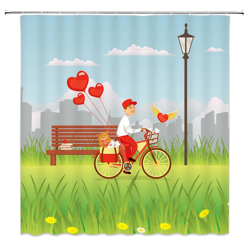 Romantic Heart balloon Shower Curtains Nature scenery  Bathtub Curtain  Bathroom Home Decor Green Meadow Bath  Screens