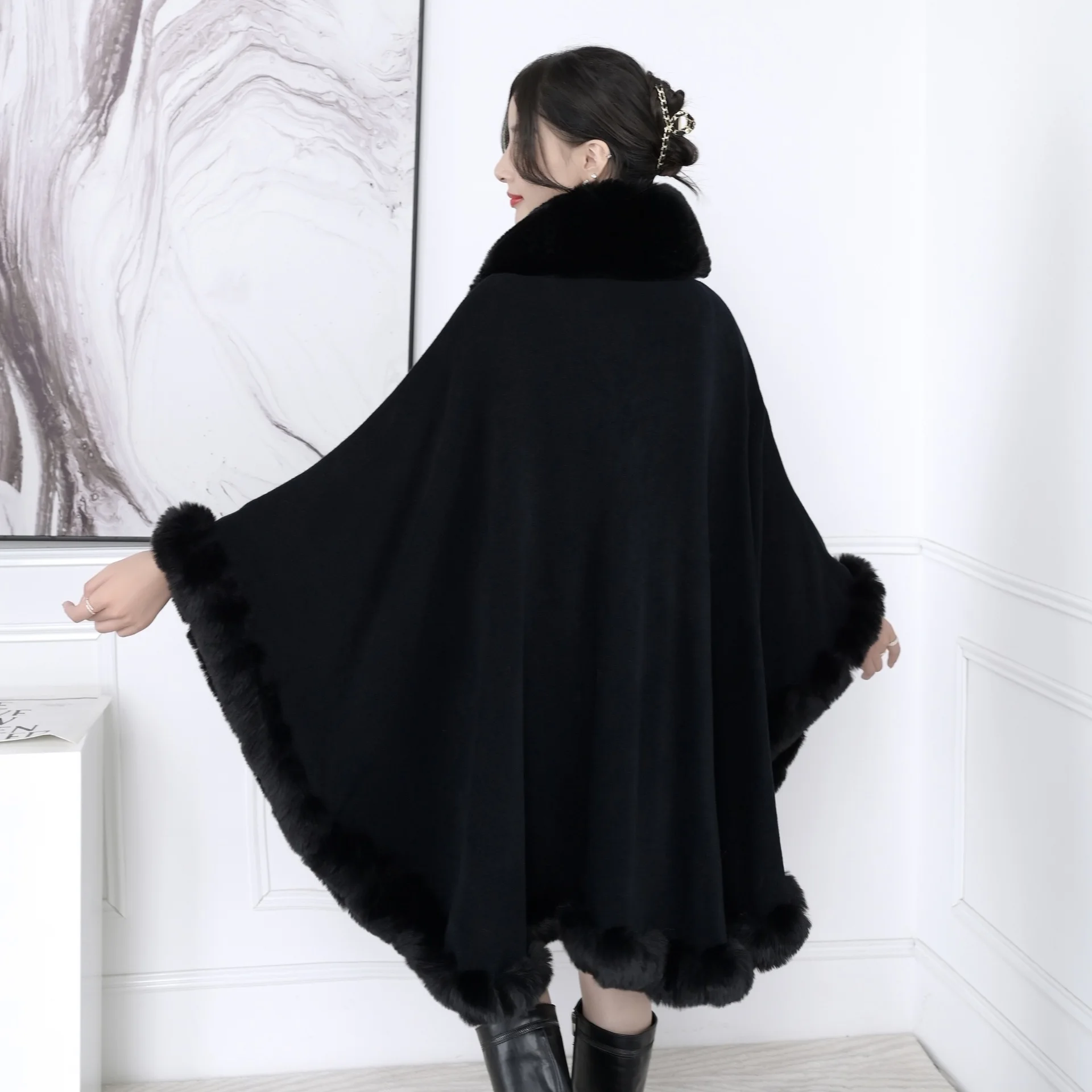 16 Colors Winter Warm Capes Plus Size Batwing Sleeves Poncho Cloak Women Turn-Down Faux Fur Collar Loose Cardigan Shawl Coat