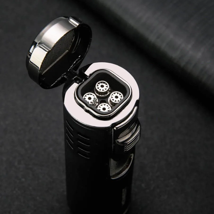 Cylindrical Metal Windproof Gas Lighter Red Flame Four Nozzle Spray Gun Multifunction Cigar Butane Lighters Cigar Drill