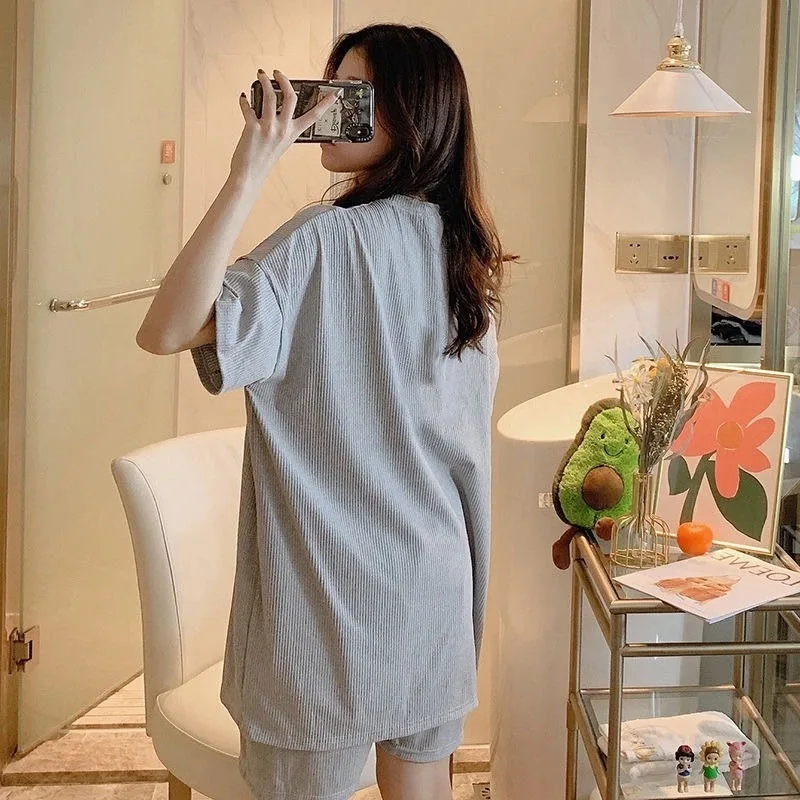 Pajama Sets Women Oversized Summer Korean Kawaii Printed Harajuku Soft Womens Homewear Pregnant Fashion Preppy Girls Pajamas New