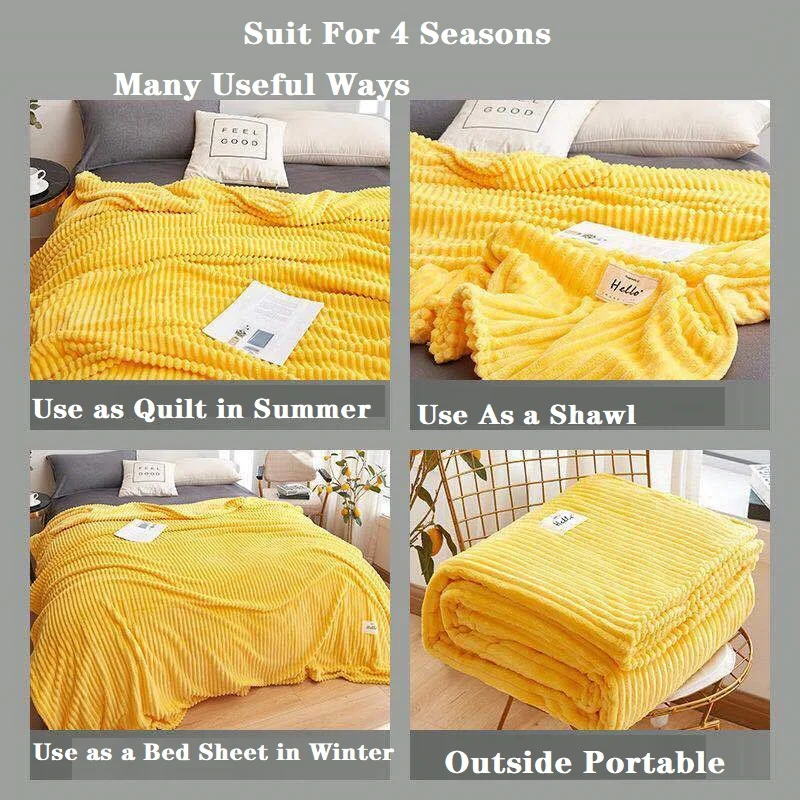 Solid Color Soft Silky Warm Yellow Coral Fleece Blanket Summer Office Nap Flannel Throw King Queen Winter Bedspread