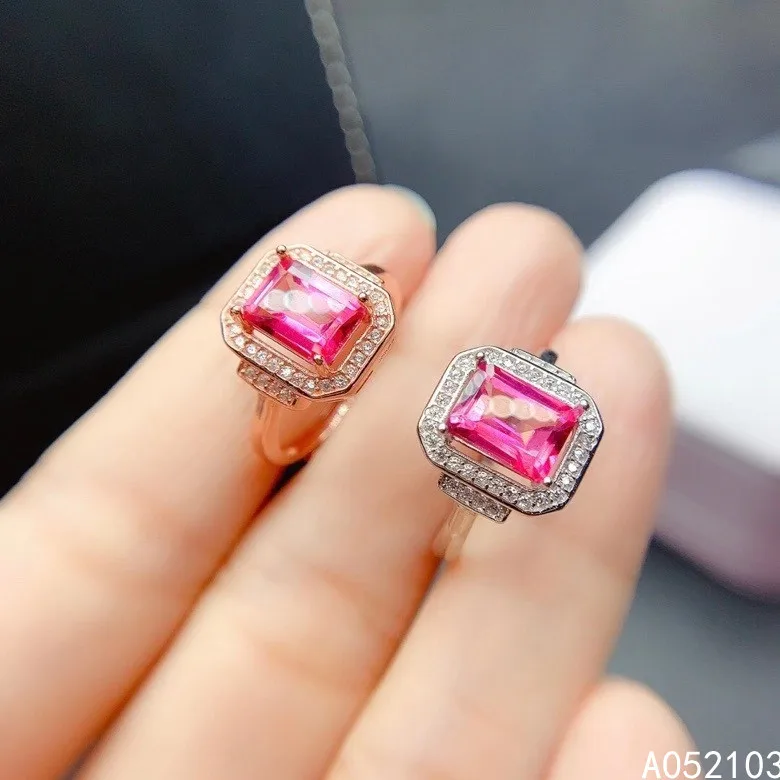 KJJEAXCMY fine jewelry 925 sterling silver inlaid natural pink topaz Women's elegant square adjustable gem ring support check